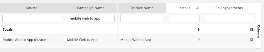 Attribution before Web-to-App showing generic Mobile Web to App source