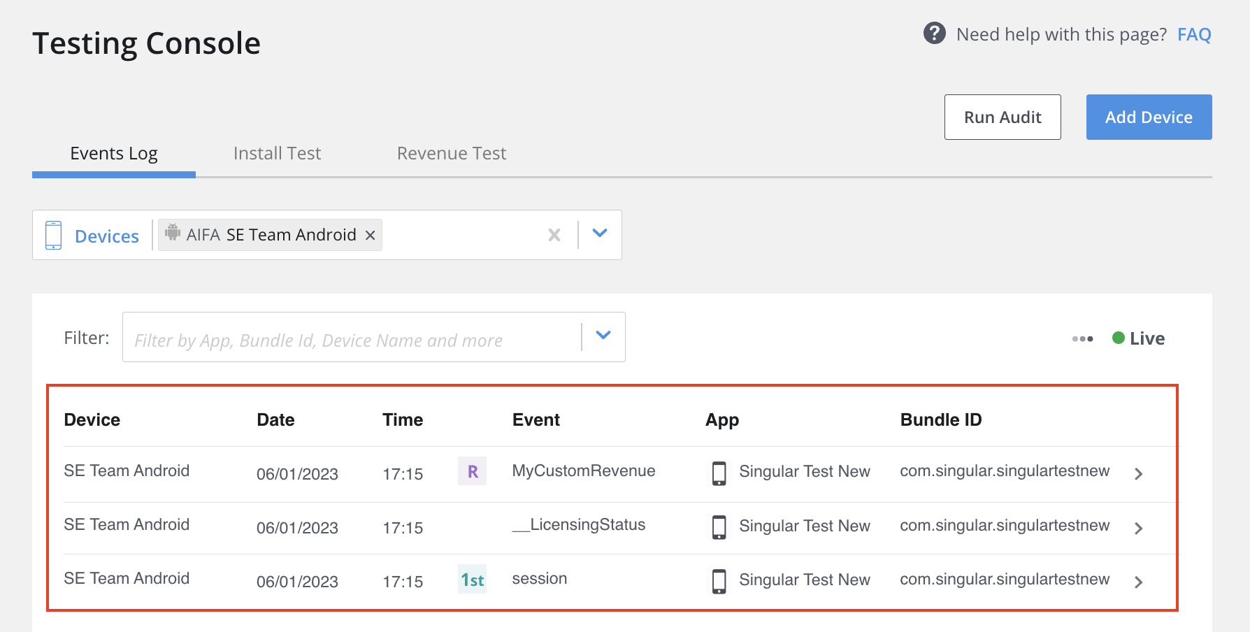 Events Log