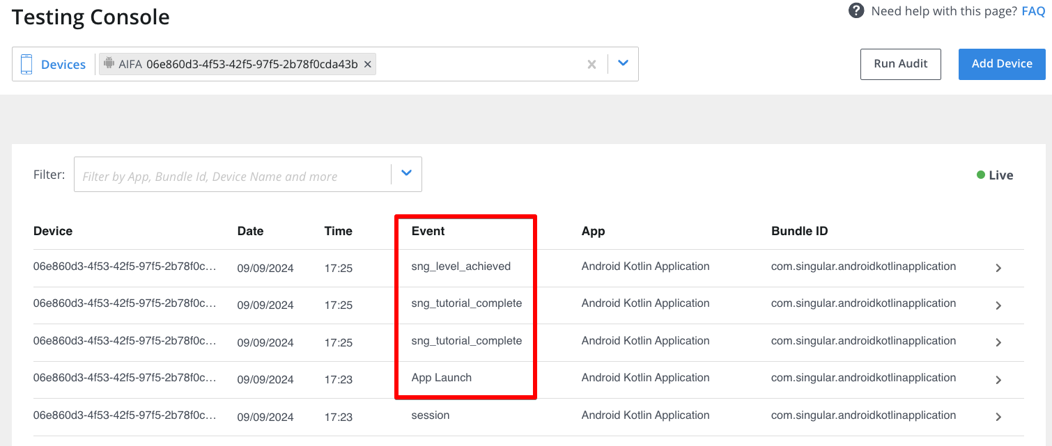 Events in Testing Console
