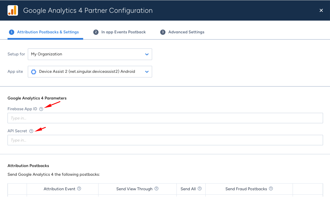 Screenshot of Singular GA4 partner configuration