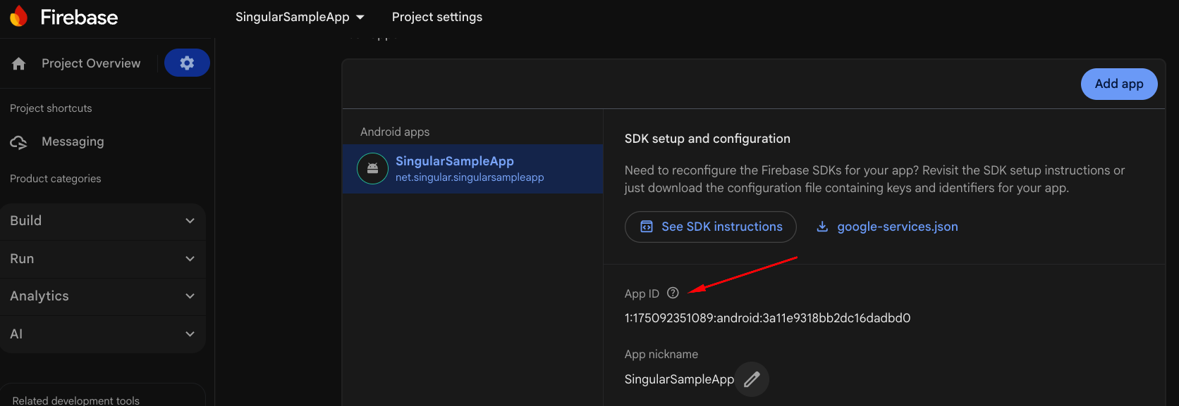 Screenshot of Firebase App ID location