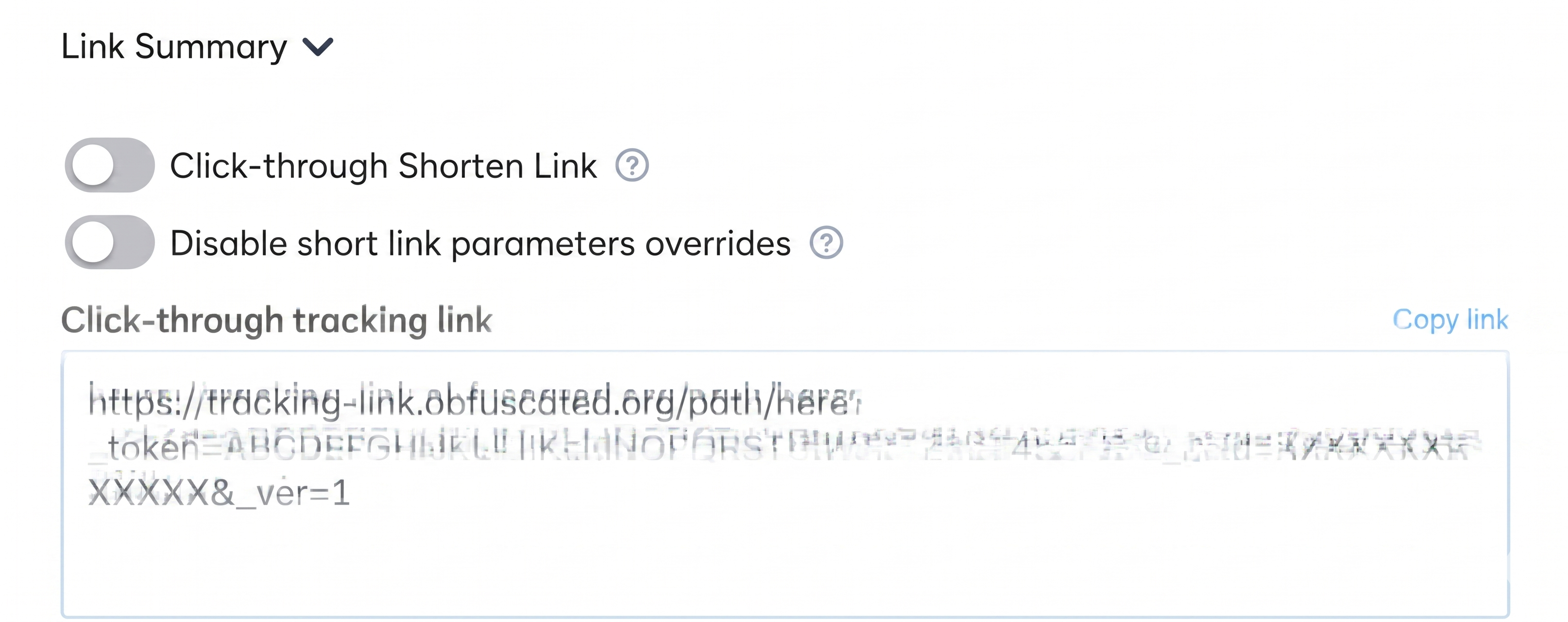 Disable short link parameters overrides toggle in the Link Summary section