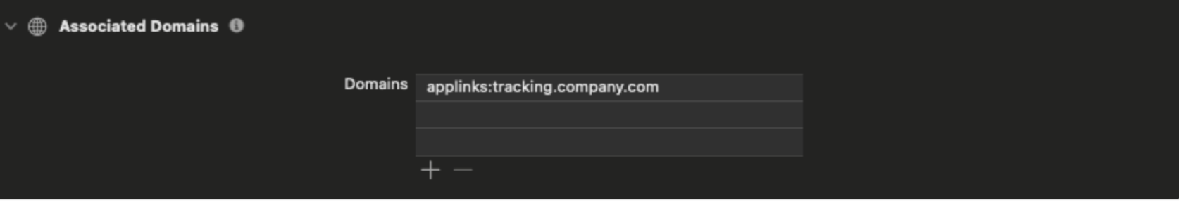 Capability Associated Domains de Xcode mostrando la entrada applinks del dominio de marca