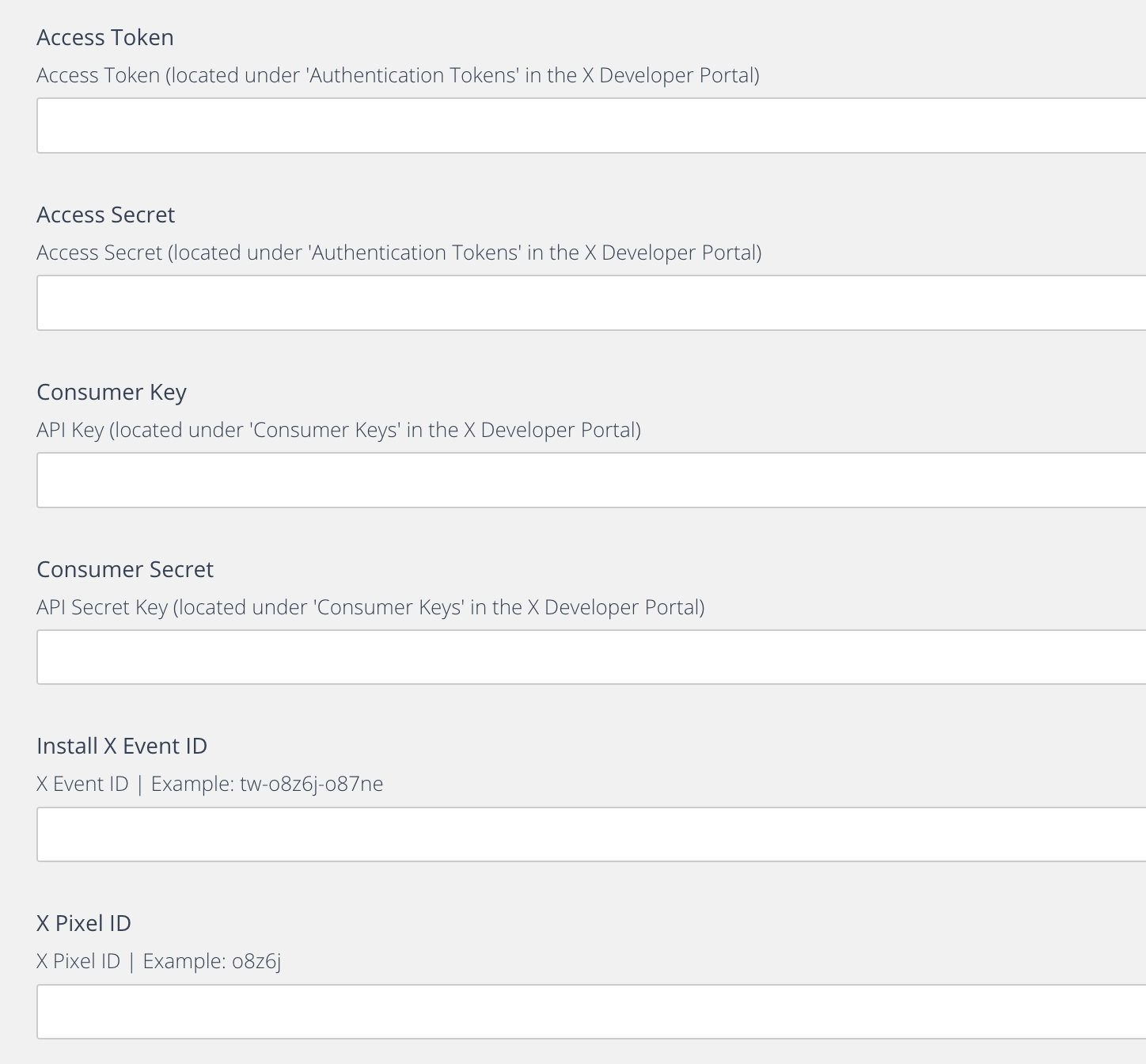 Access Token、Access Secret、Consumer Key、Consumer Secret、Install Event ID、Pixel ID の各フィールドを示す Singular の Twitter Web CAPI パートナー設定