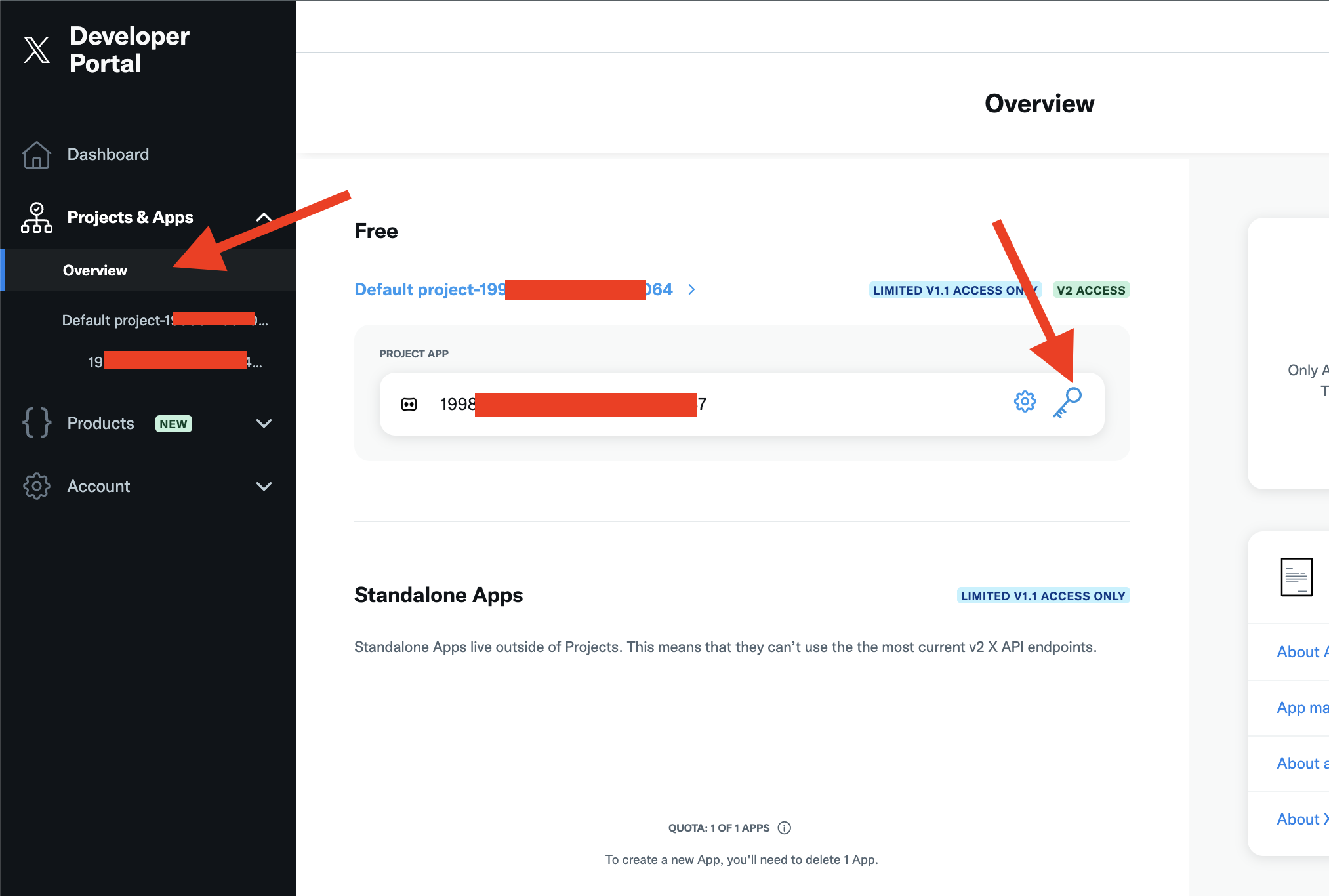 X Developer Portal の Projects & Apps ページからアプリの認証情報ページを開く