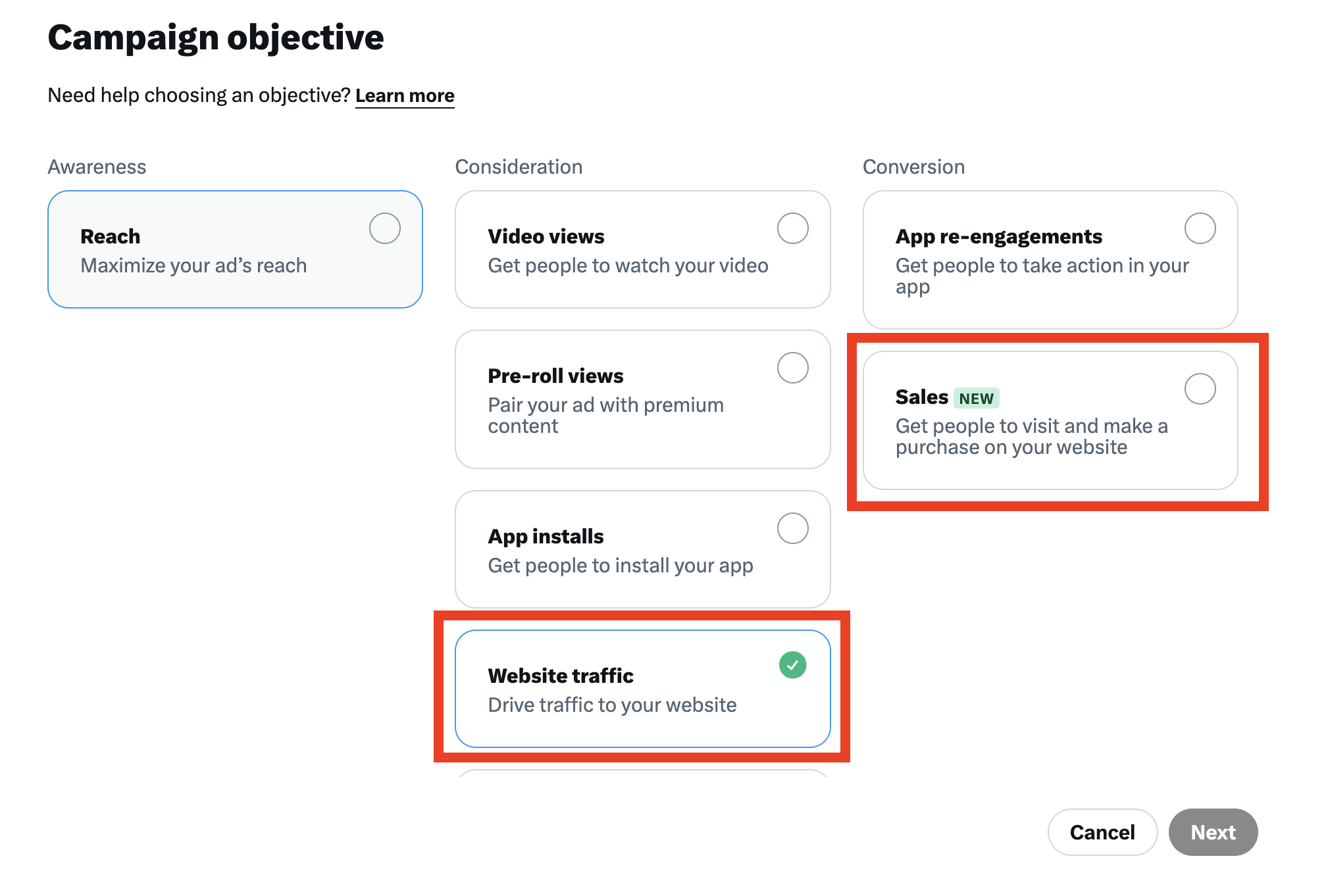Selección del objetivo de campaña Sales o Website Traffic en Twitter Ads Manager