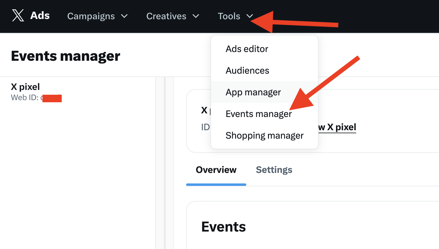 Navegando até a página Tools & Events Manager no X Ads Manager