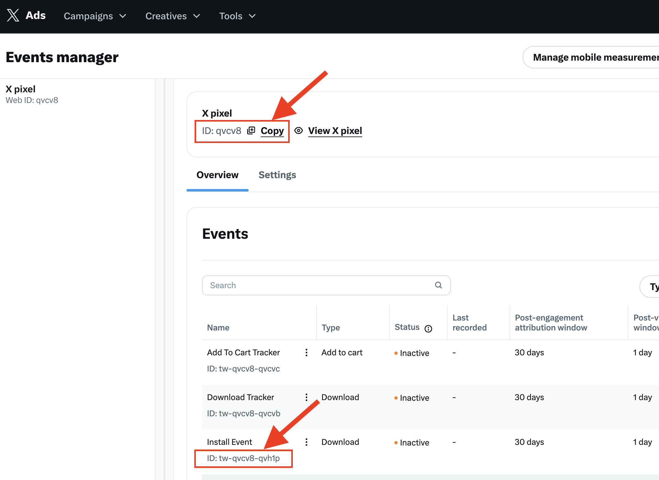 Tools & Events Manager에서 상단의 X pixel ID와 표의 Event ID 복사하기