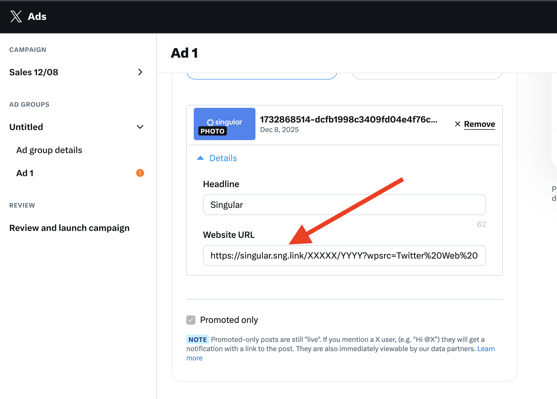 Establecimiento del Singular Link como Website URL al agregar el medio en Twitter Ads Manager