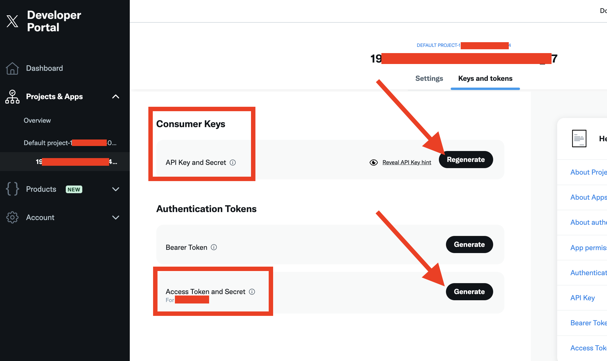 Locating the API credentials on the Keys and tokens page in the X Developer Portal