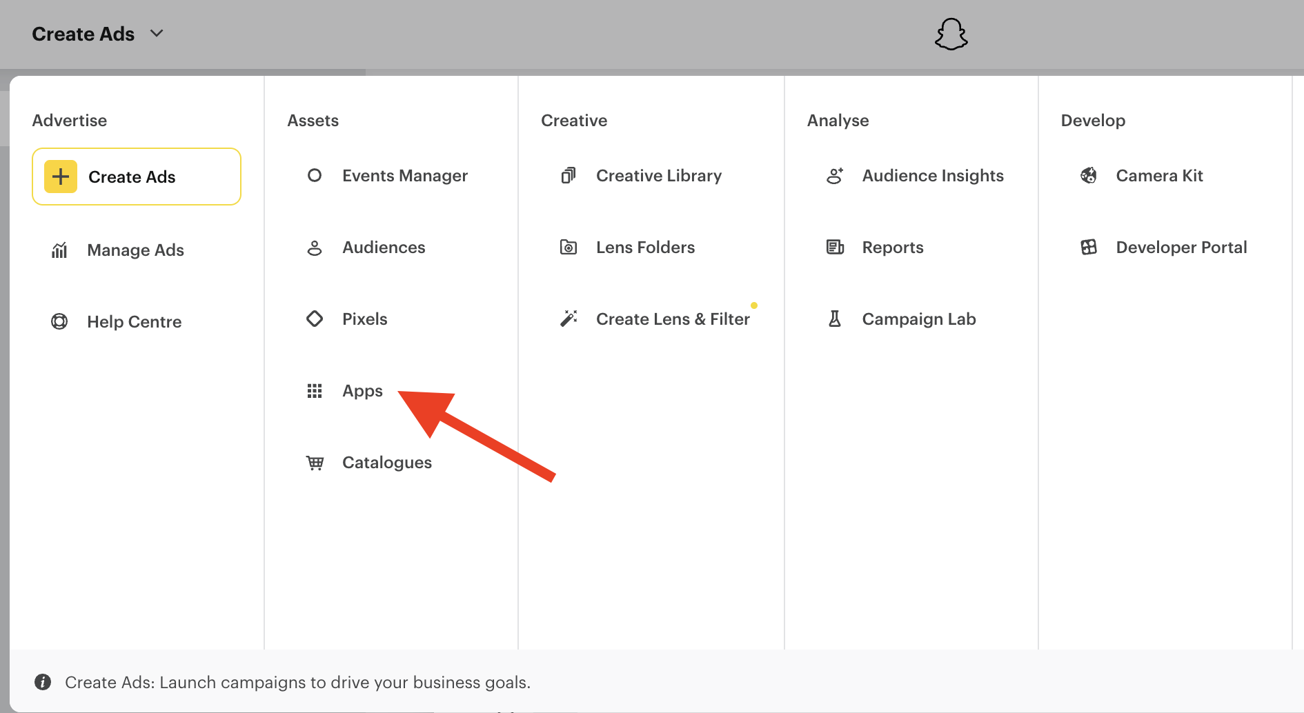 Snapchat Ads Manager で Apps ページに移動する