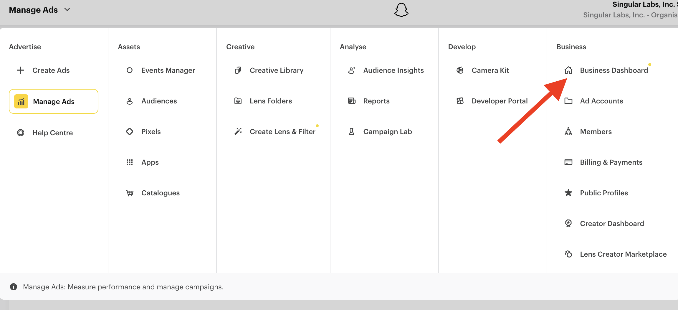 Snapchat Ads Manager で Business Dashboard ページに移動する