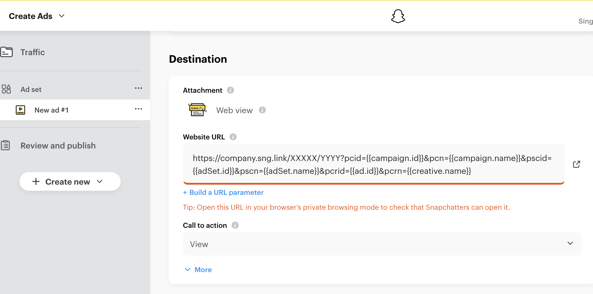 Agregar el Singular Link a la Destination Website URL en Snapchat Ads Manager