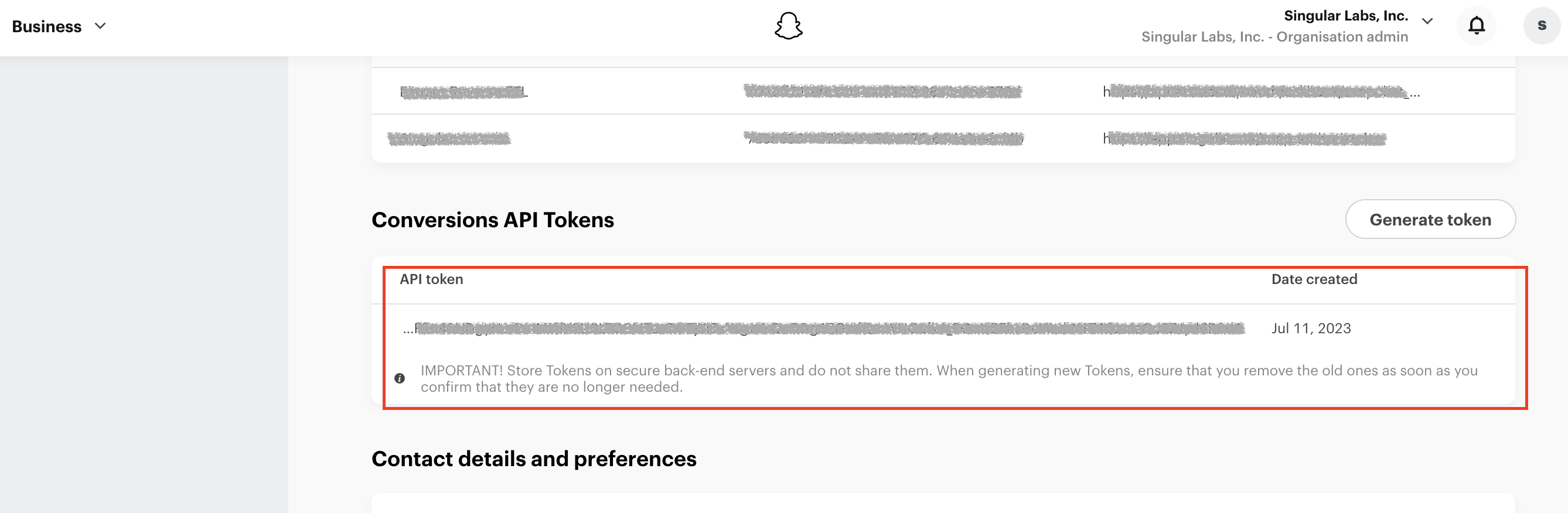 Generating and copying the API Token under Conversions API Tokens in Snapchat Ads Manager
