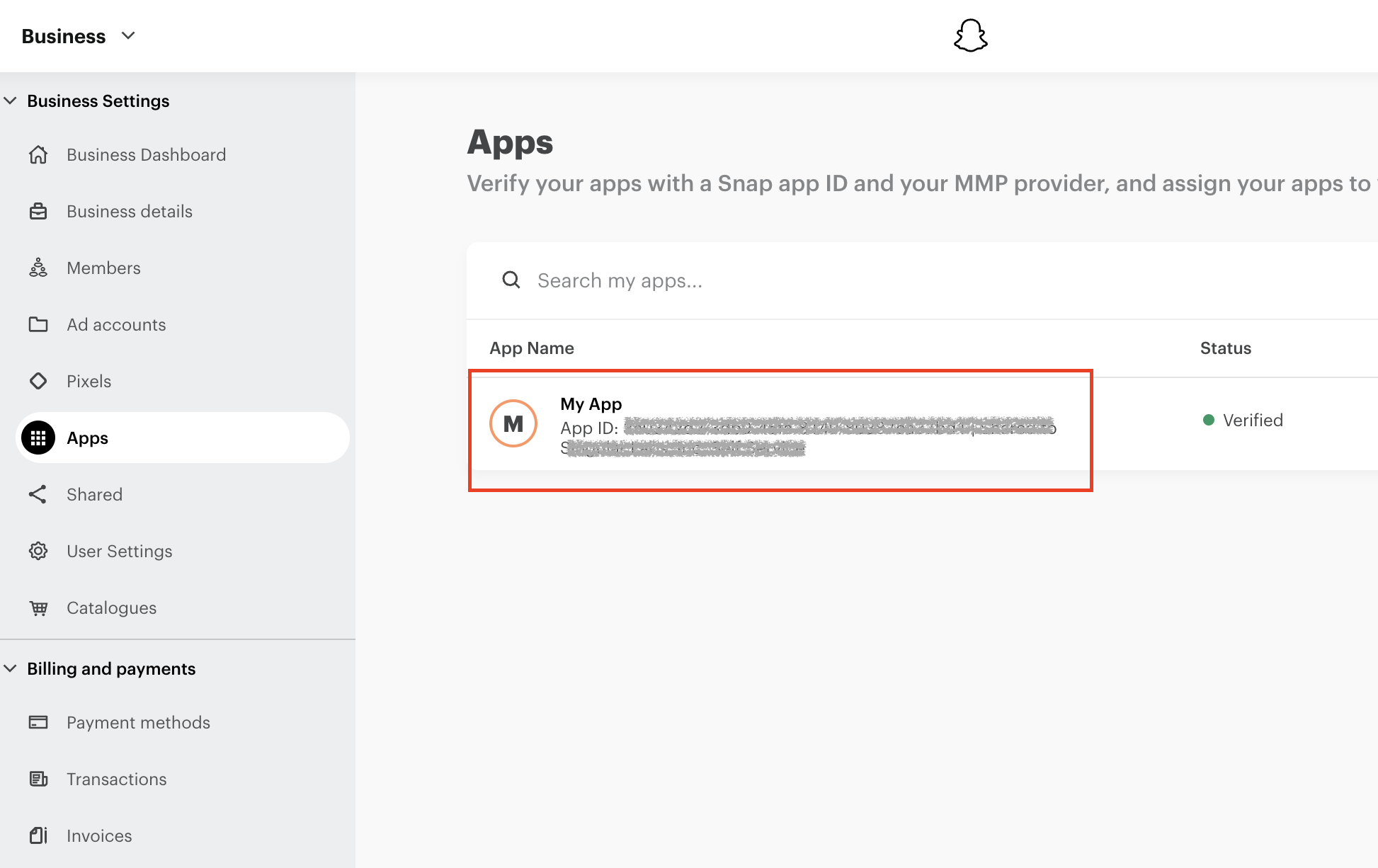 Copiar el App ID en Apps dentro de Snapchat Ads Manager