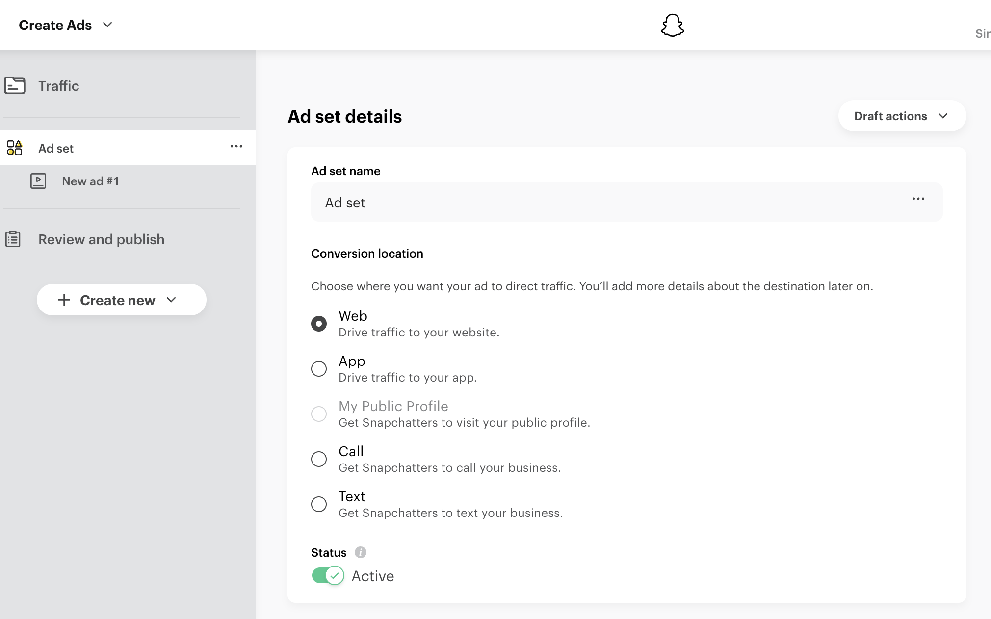 Snapchat Ads Manager com o Conversion location definido como Website