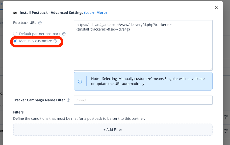 포스트백 URL 편집을 위해 Manually Customize 버튼이 선택된 포스트백 고급 설정