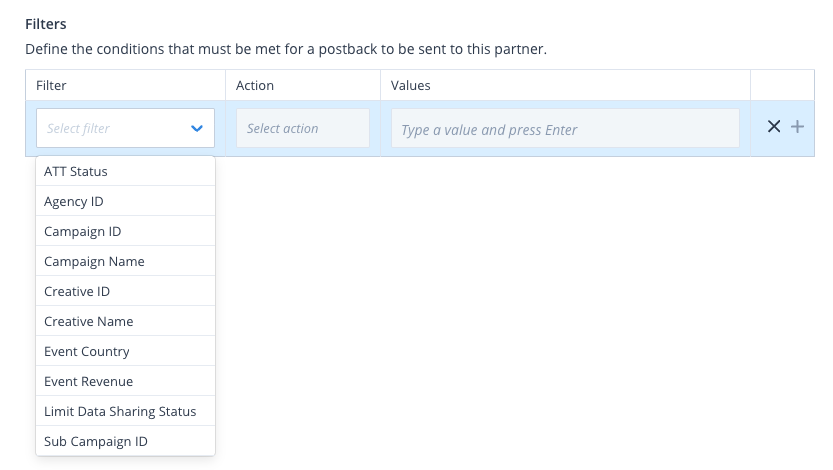 Configuración de reglas de filtro de postback que muestra los campos Filter, Action y Values