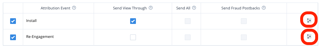 포스트백 고급 설정을 여는 Advanced Settings 아이콘이 표시된 포스트백 테이블