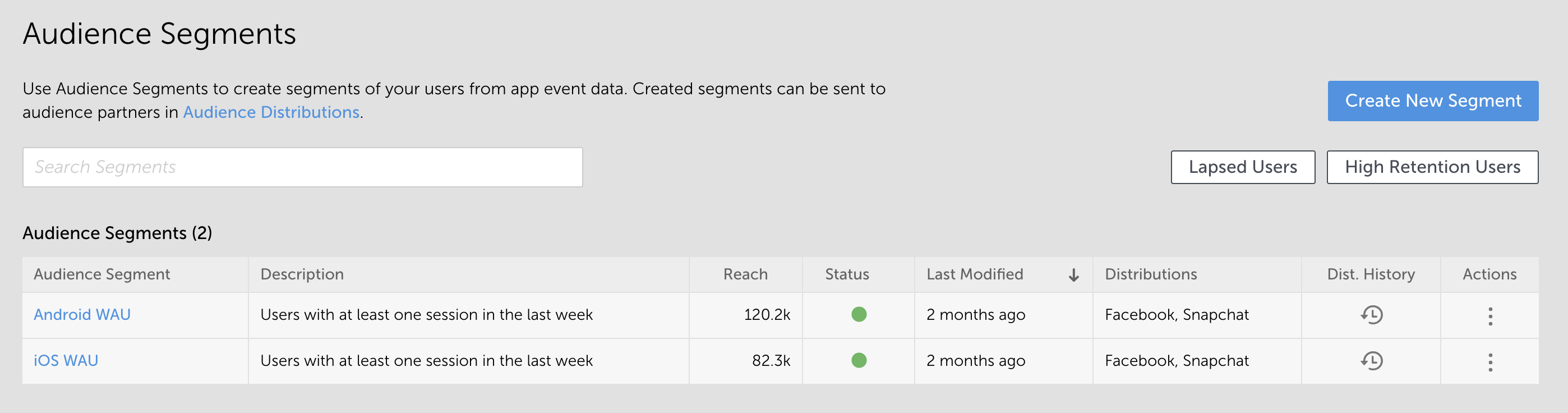 Audience Segments overview — the Segments table in the Singular platform showing a list of active segments with their reach, status, and distribution history.