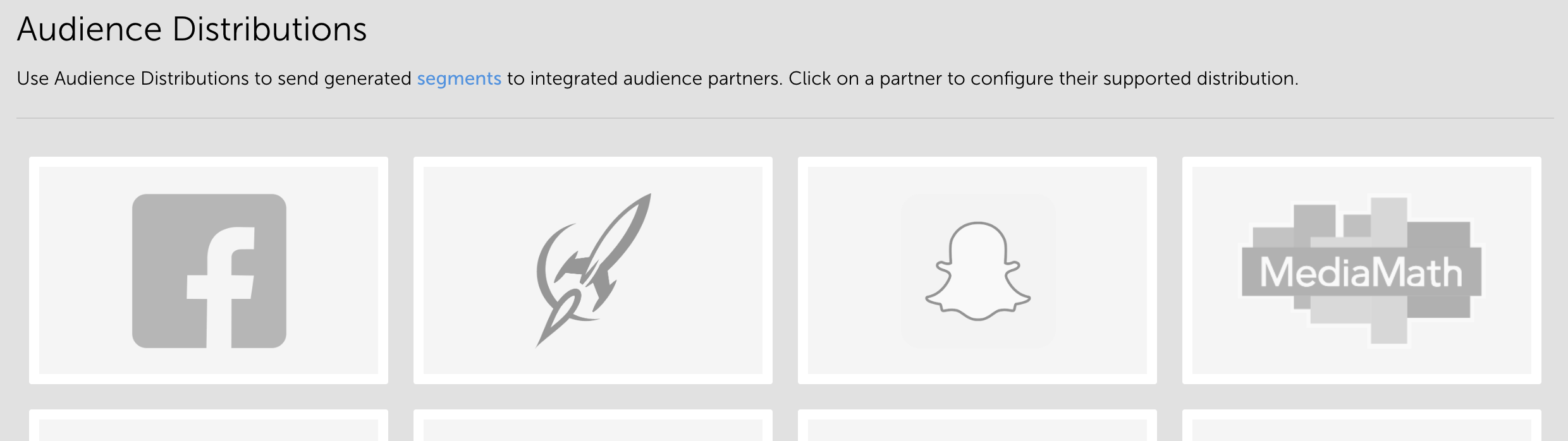 Audience Distributions overview — the Distributions page in the Singular platform showing the list of available ad network partners for automated audience distribution.