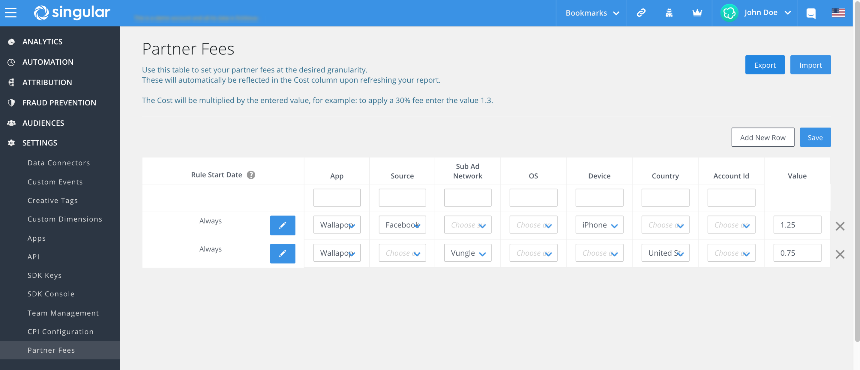 Partner Fees settings page