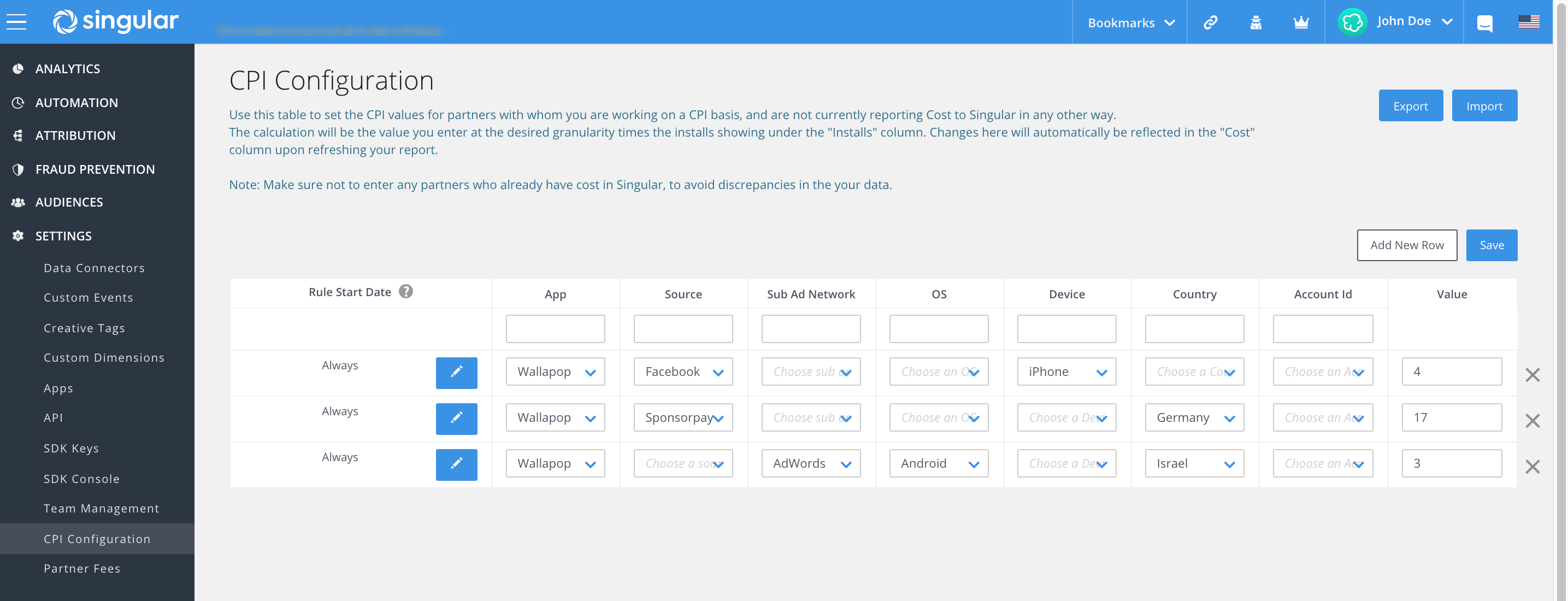 CPI Configuration settings page