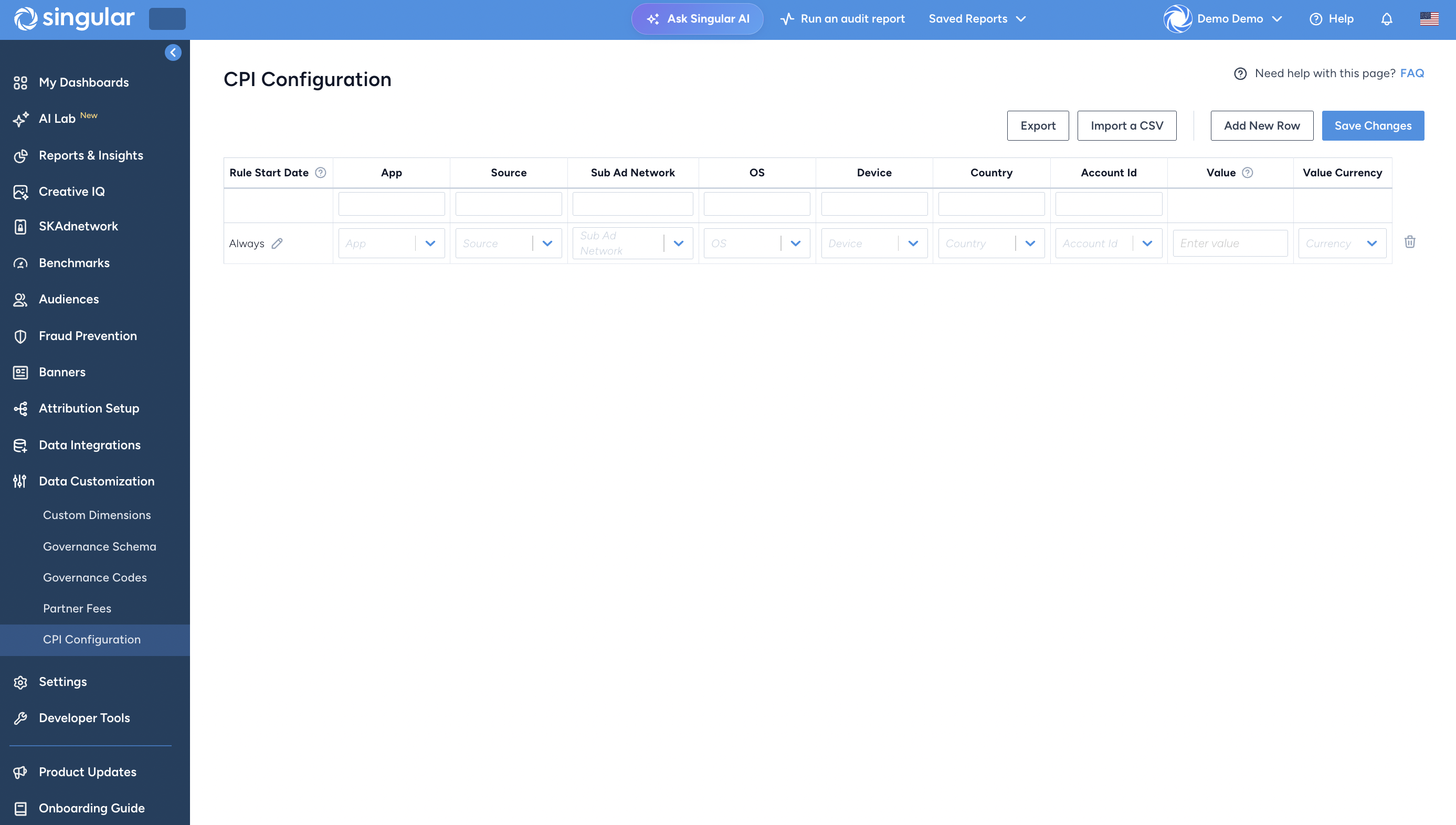 CPI Configuration table