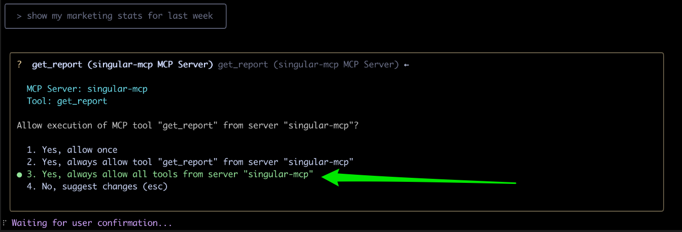 singular-mcp サーバーの get_report ツールの実行許可を求める Gemini CLI の画面