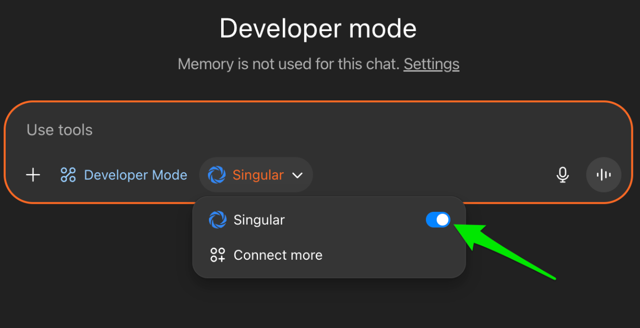 Singular 커넥터가 켜진 ChatGPT의 Use tools 메뉴