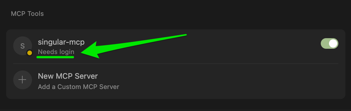 Needs login 링크와 함께 singular-mcp가 표시된 Cursor의 MCP Tools 목록