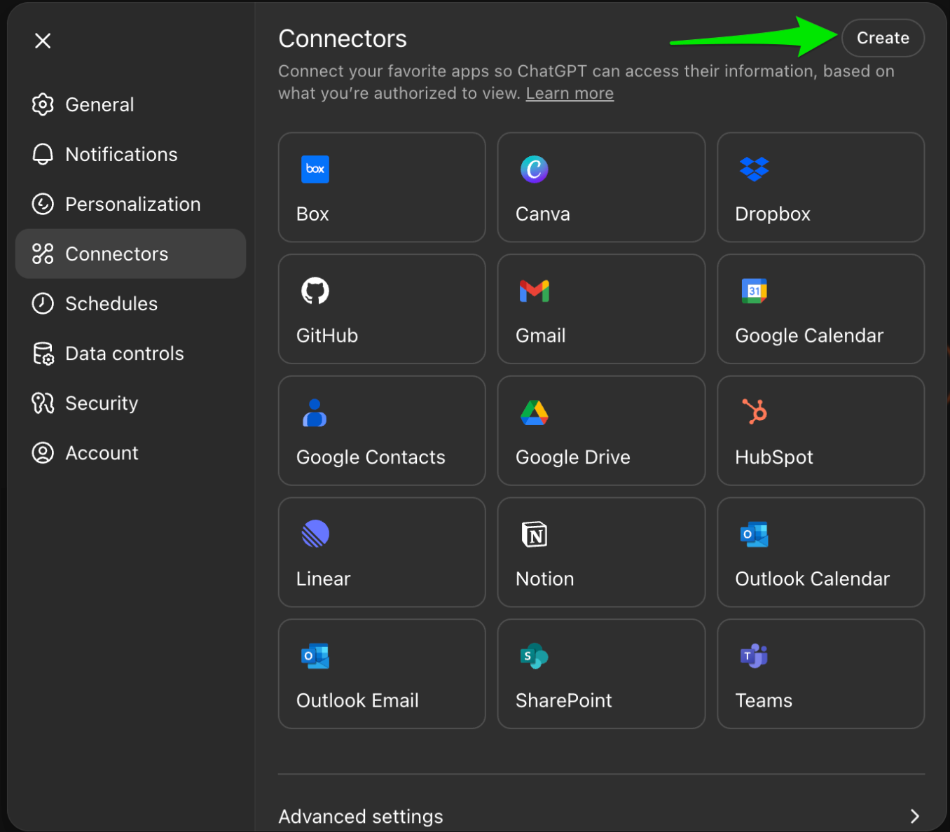 Configurações de Connectors no ChatGPT com o botão Create destacado no canto superior direito