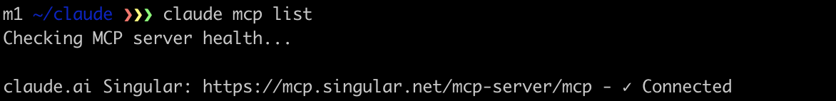 Saída no terminal de claude mcp list mostrando o MCP da Singular conectado