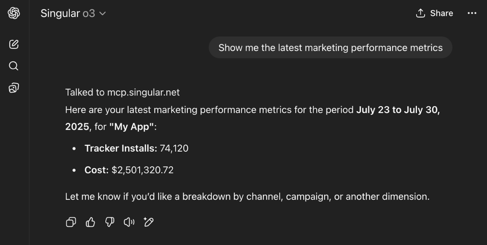 Singular のマーケティングデータに関する質問に回答する ChatGPT の会話例