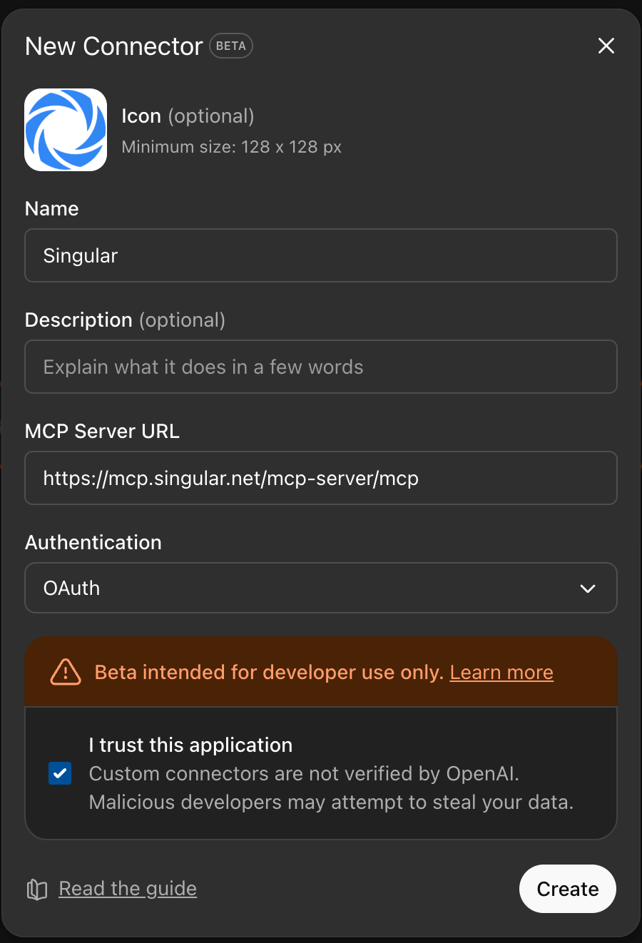 名前が Singular、MCP サーバー URL、OAuth 認証が設定された ChatGPT の New Connector ダイアログ
