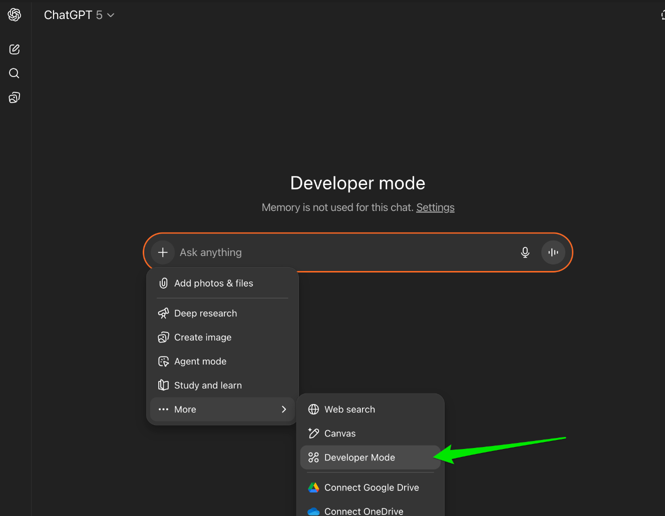 More サブメニューが開き Developer Mode がハイライトされた ChatGPT 開発者モードの入力欄