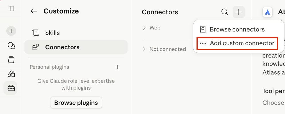 Add custom connector オプションが表示された Claude のメニュー