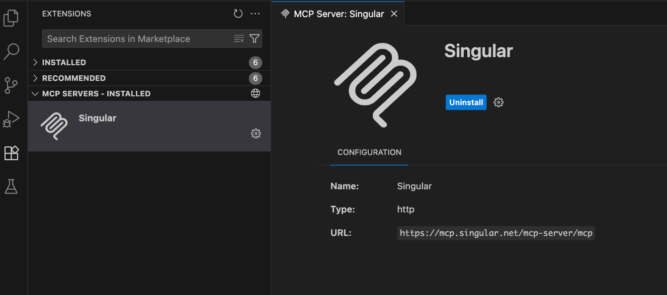 Panel de Extensions de VS Code con Singular en MCP Servers Installed y su configuración mostrando la URL del MCP