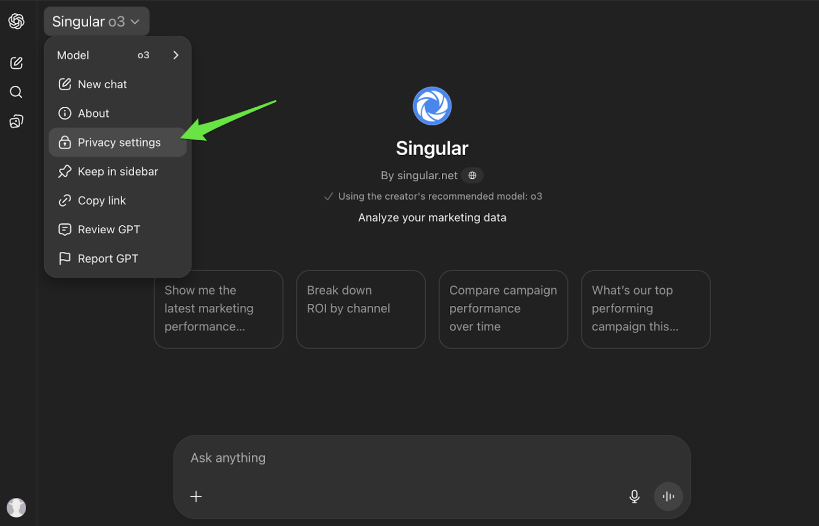 Privacy settings가 강조 표시된 ChatGPT의 Singular GPT 메뉴