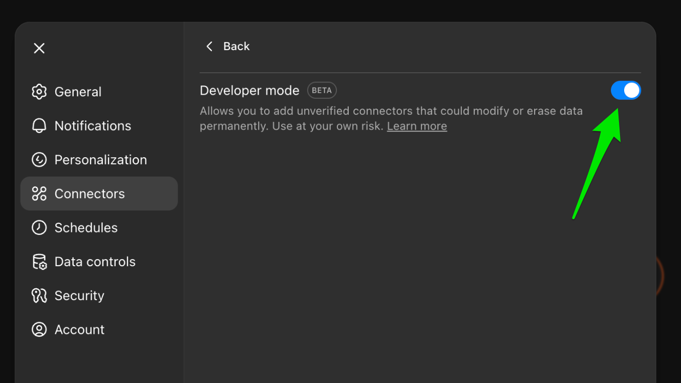 Developer mode 토글이 켜진 ChatGPT의 고급 커넥터 설정