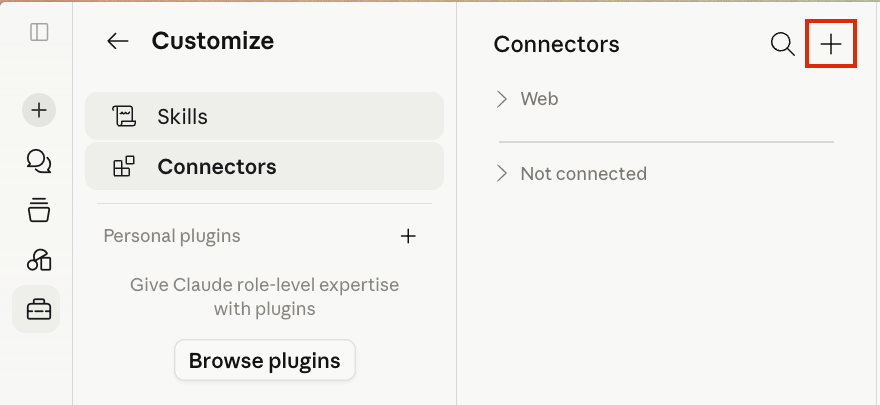 오른쪽 상단에 더하기 기호 아이콘이 있는 Claude Connectors 창