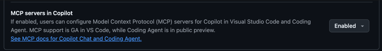 MCP servers in Copilot이 Enabled로 설정된 GitHub Copilot 정책 설정