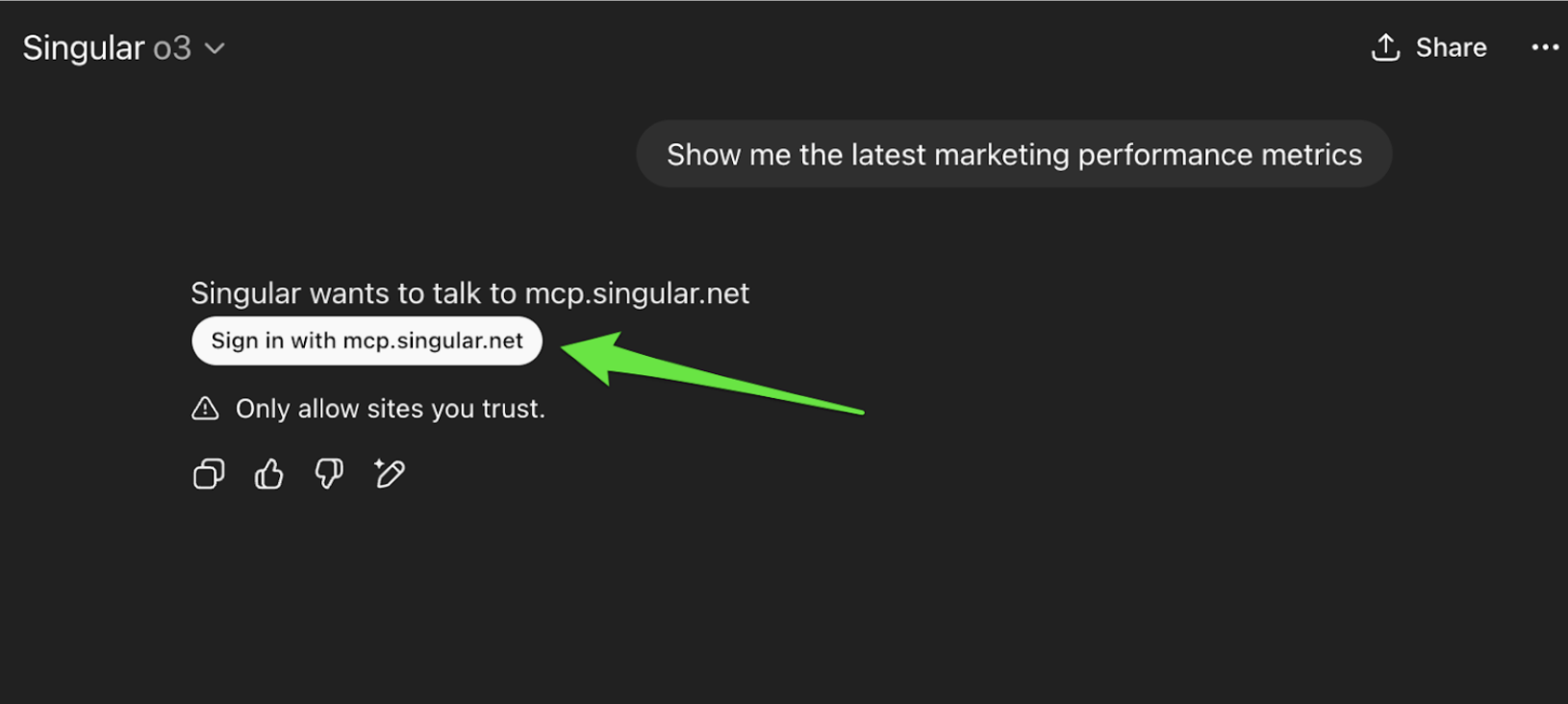 ChatGPT solicitando que você faça login com o MCP da Singular