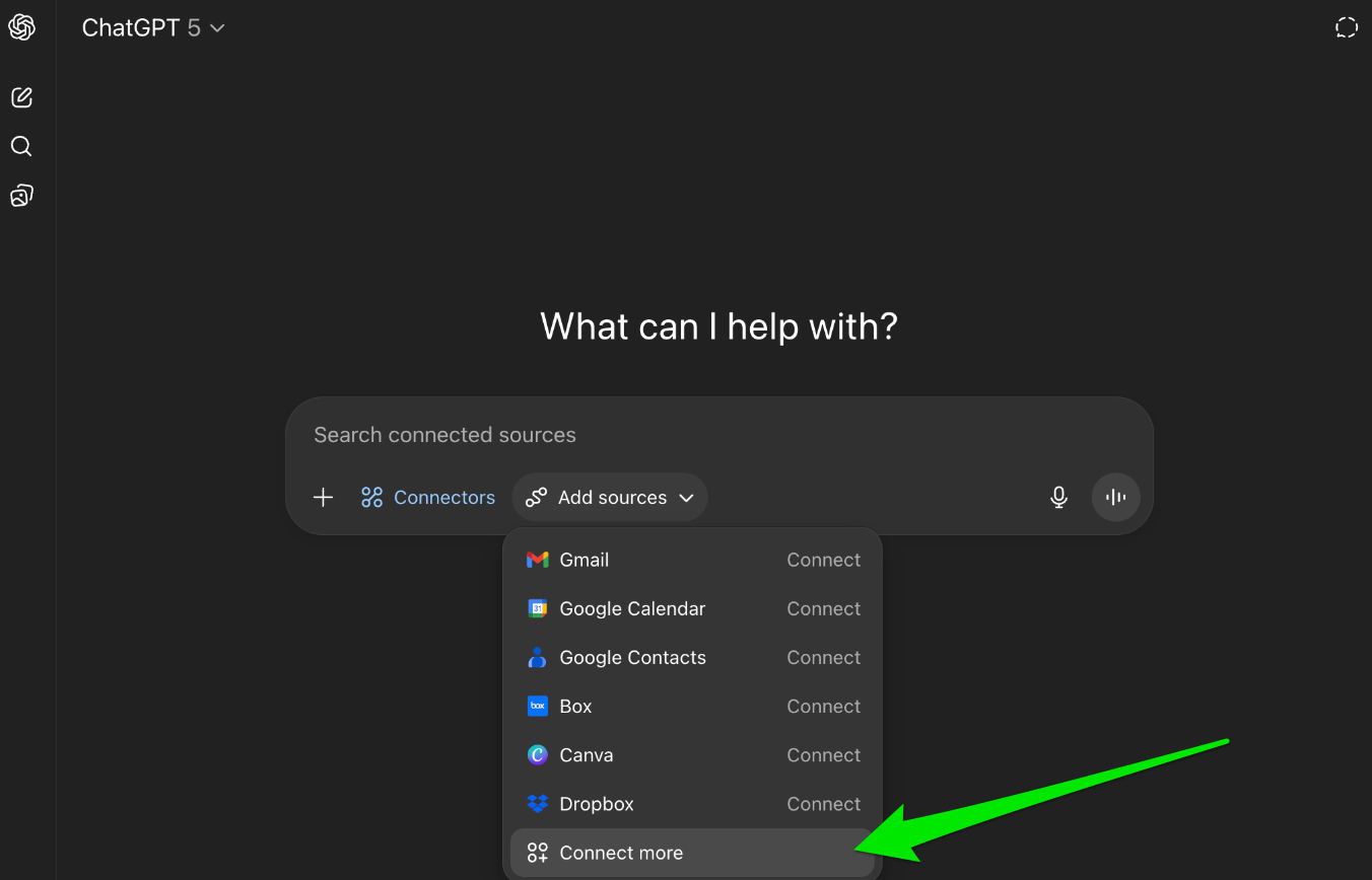 Menu Add sources do ChatGPT com Connect more destacado abaixo da lista de conectores