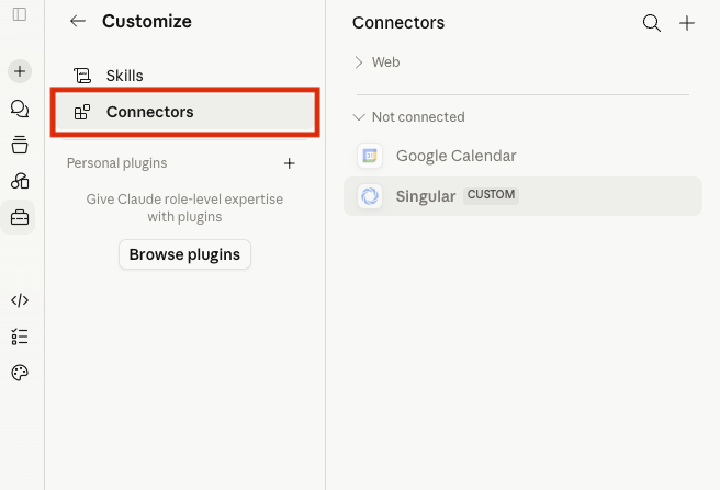Menu Customize do Claude com Connectors selecionado