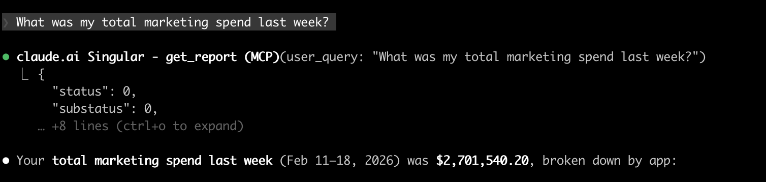 Claude Code respondendo a uma pergunta sobre dados de marketing da Singular no terminal