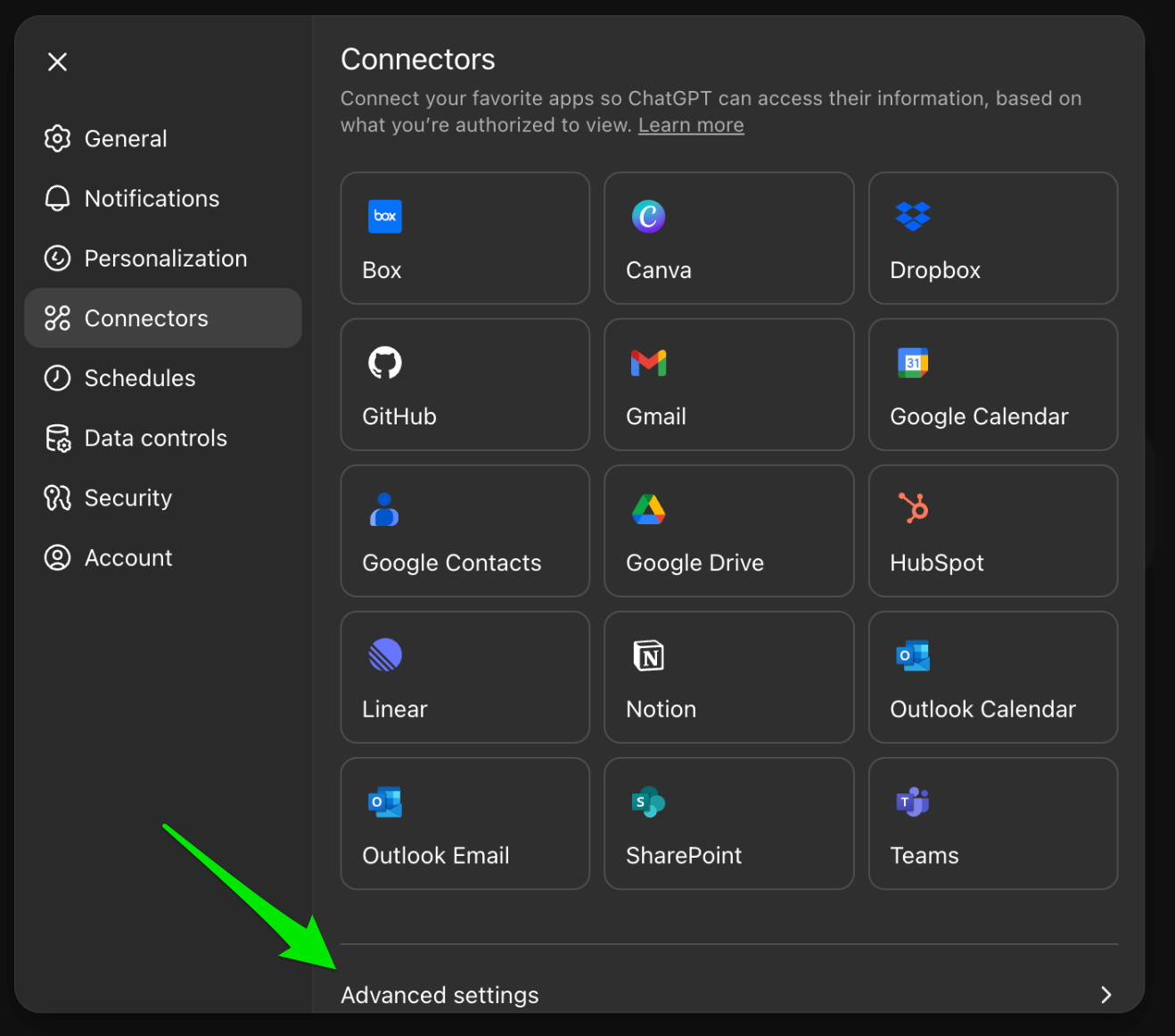ChatGPT 的 Connectors 设置，底部的 Advanced settings 被高亮显示