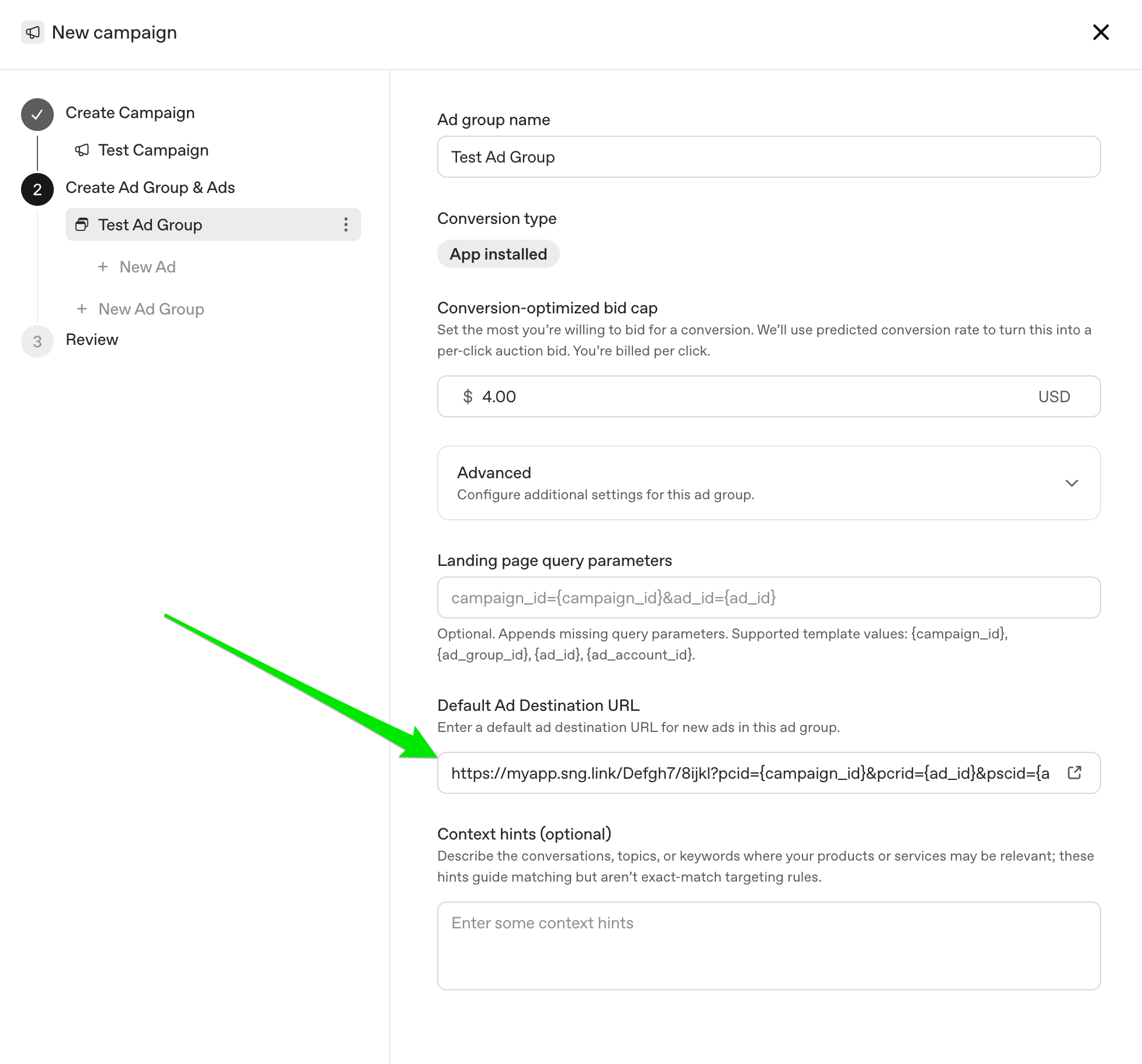Configuração do grupo de anúncios de uma nova campanha do OpenAI Ads com um link de tracking sng.link da Singular em Default Ad Destination URL