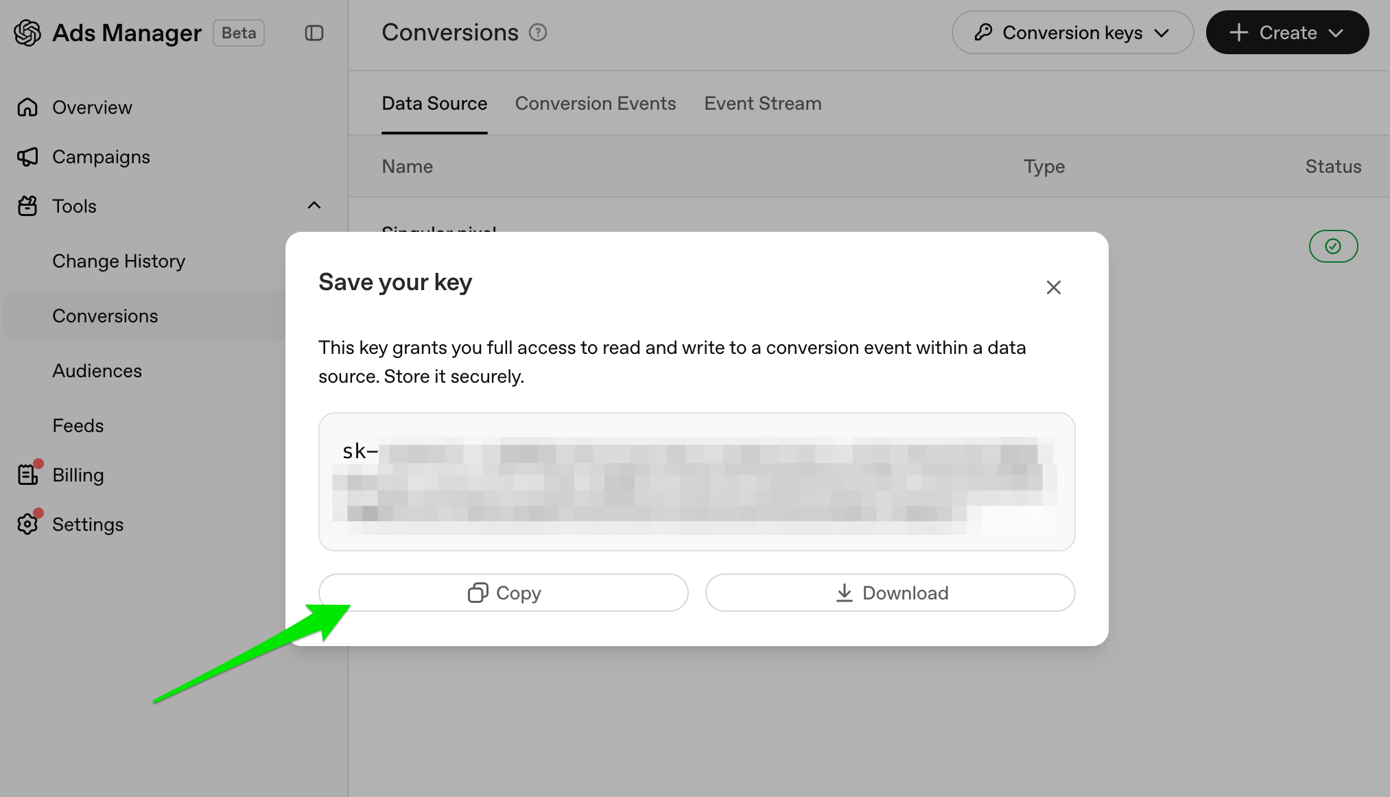 Janela Save your key do OpenAI Ads Manager mostrando a chave gerada com os botões Copy e Download