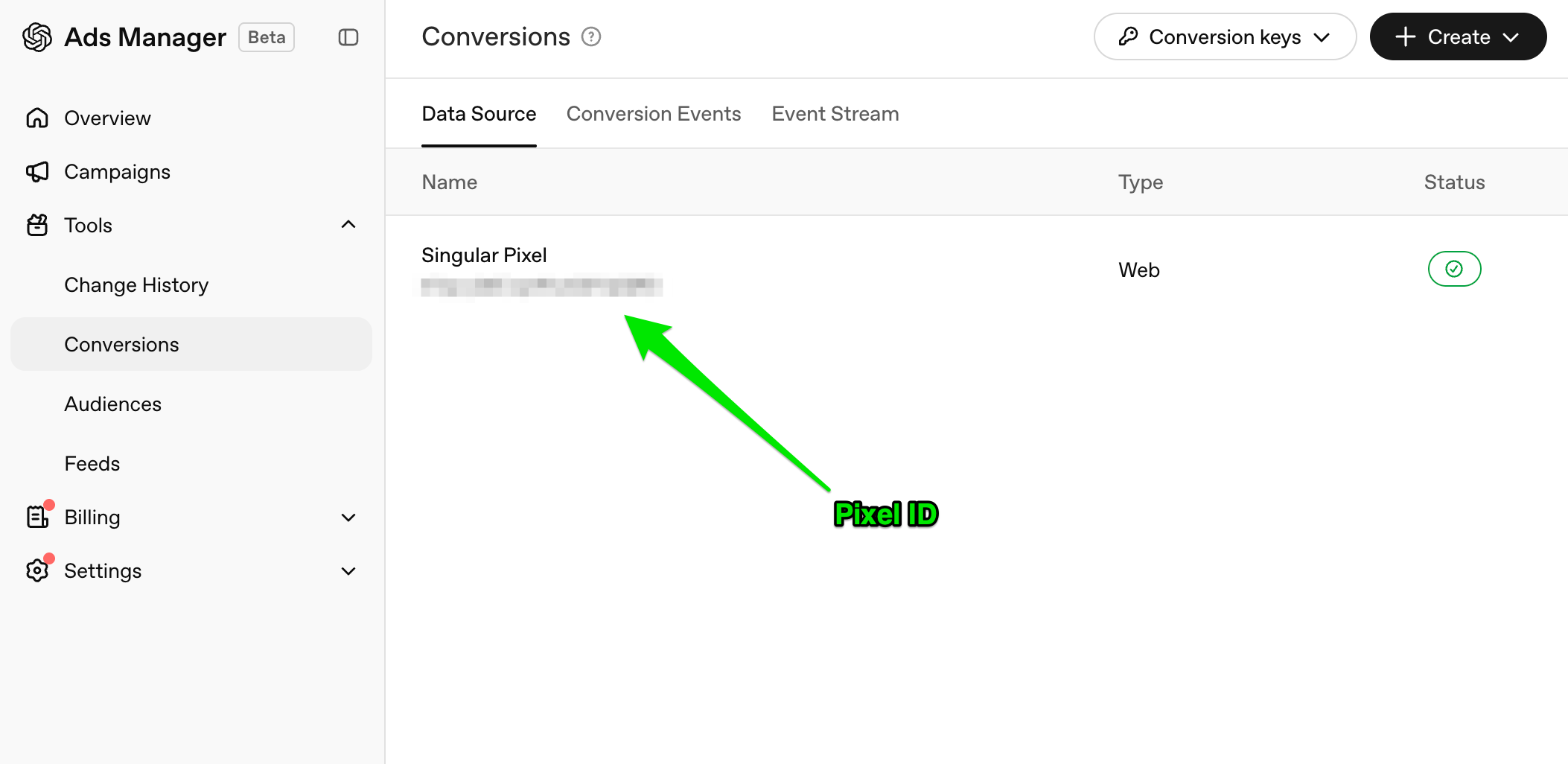 OpenAI Ads Manager 的数据源列表，显示 Singular Pixel 条目及其名称下方的 Pixel ID